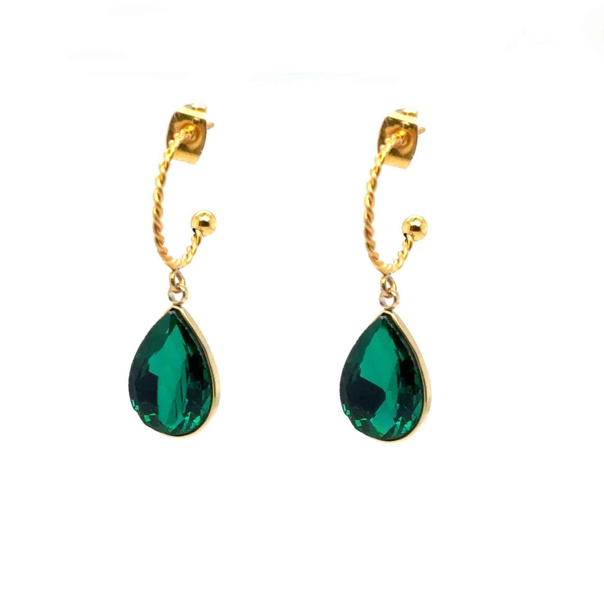 Twisted gold hoop earrings with sparkly green crystal charm