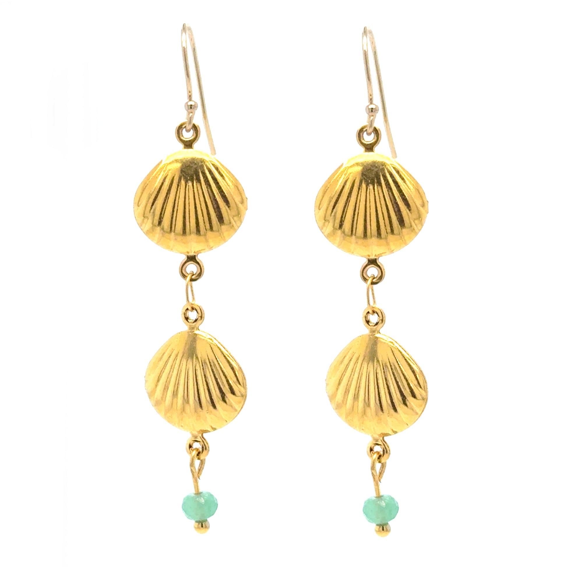 Gold filled ear hooks with two dangling gold shell charms and a tiny green quartz bead