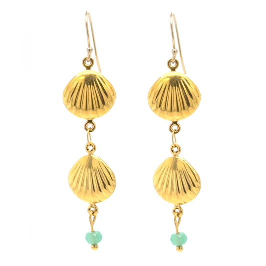 Gold filled ear hooks with two dangling gold shell charms and a tiny green quartz bead