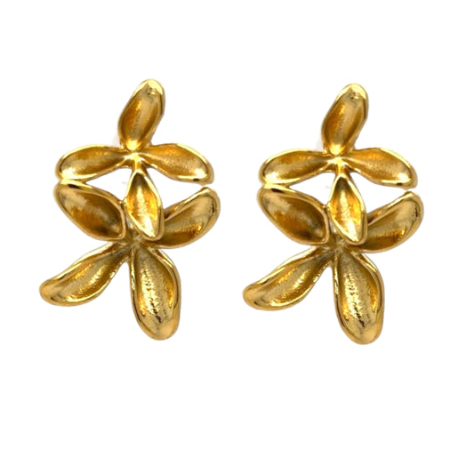Gold earrings with two connected flowers
