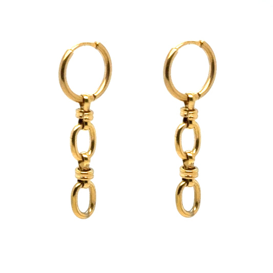 Gold hoops with dangling charm made from two links of a lovely oval chain