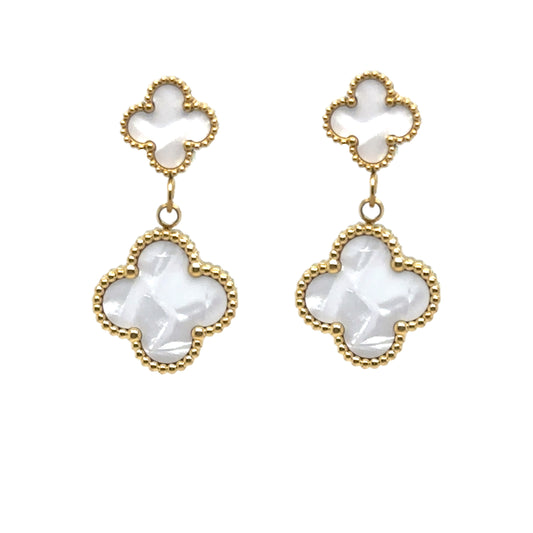 Clover shaped stud earrings with dangling clover shaped mother of pearl charm