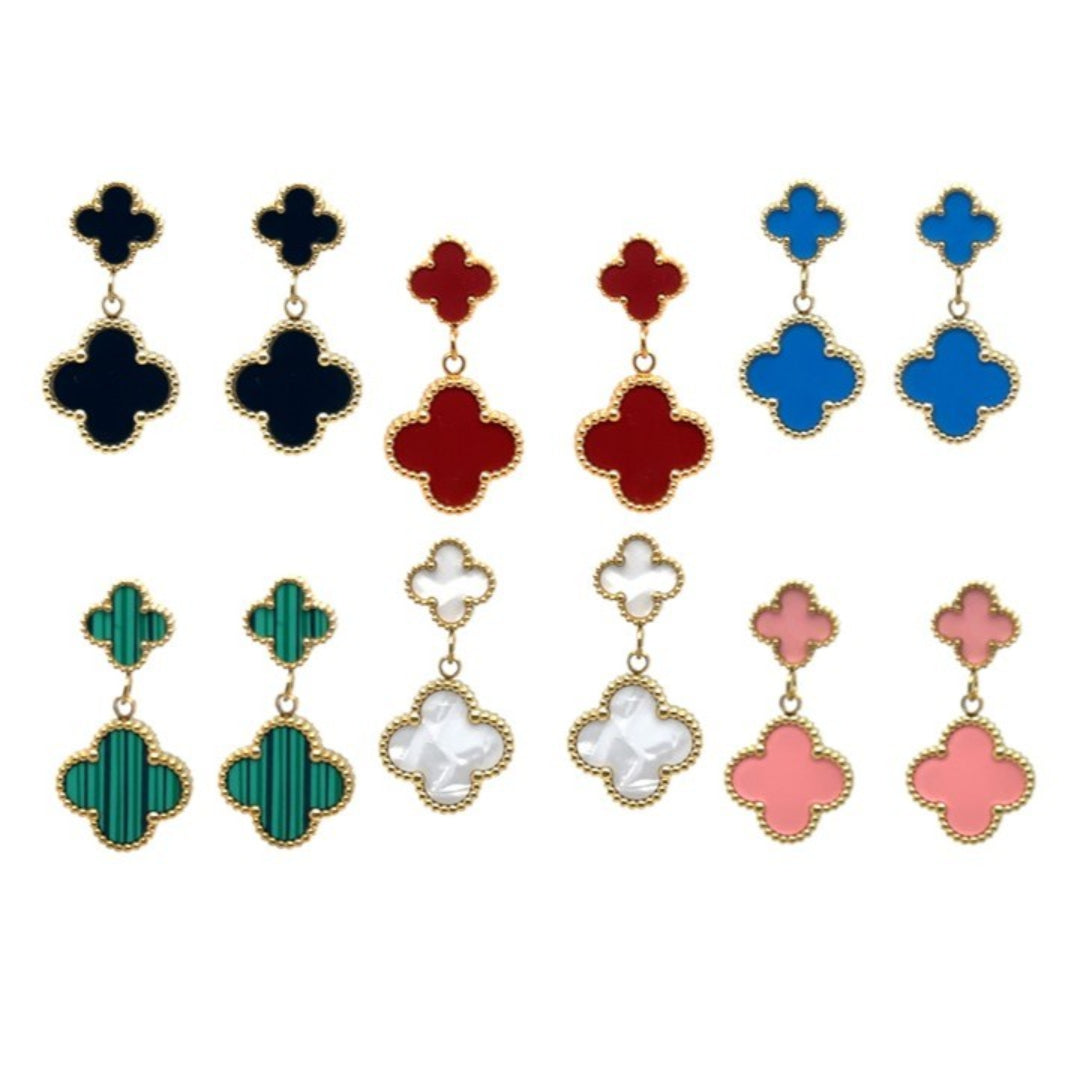 Clover shaped stud earrings with another dangling clover shaped charms in 6 bright colours