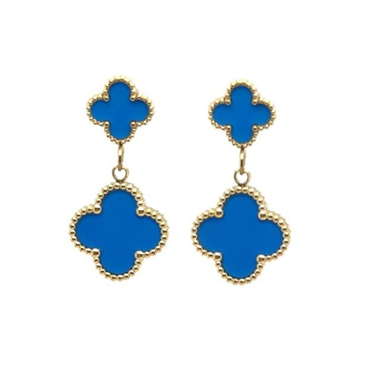 Clover shaped stud earrings with dangling clover shaped charm both in a lovely royal blue