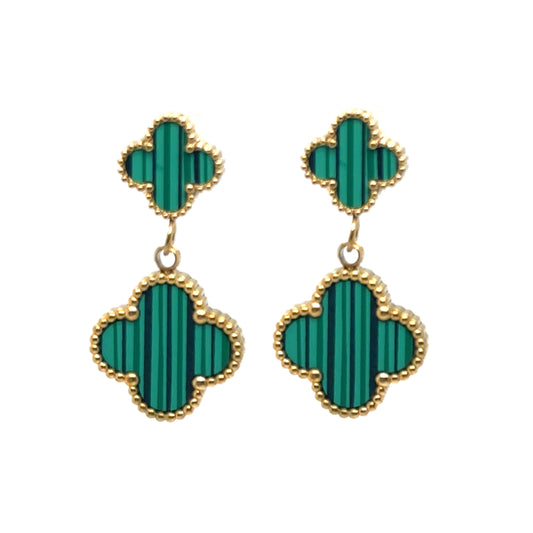 Clover shaped stud earrings with dangling clover shaped charm both in green