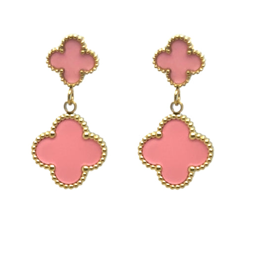 Clover shaped stud earrings with dangling clover shaped charm both in pink