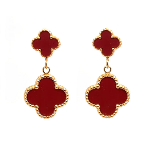 Clover shaped stud earrings with dangling clover shaped charm both in red