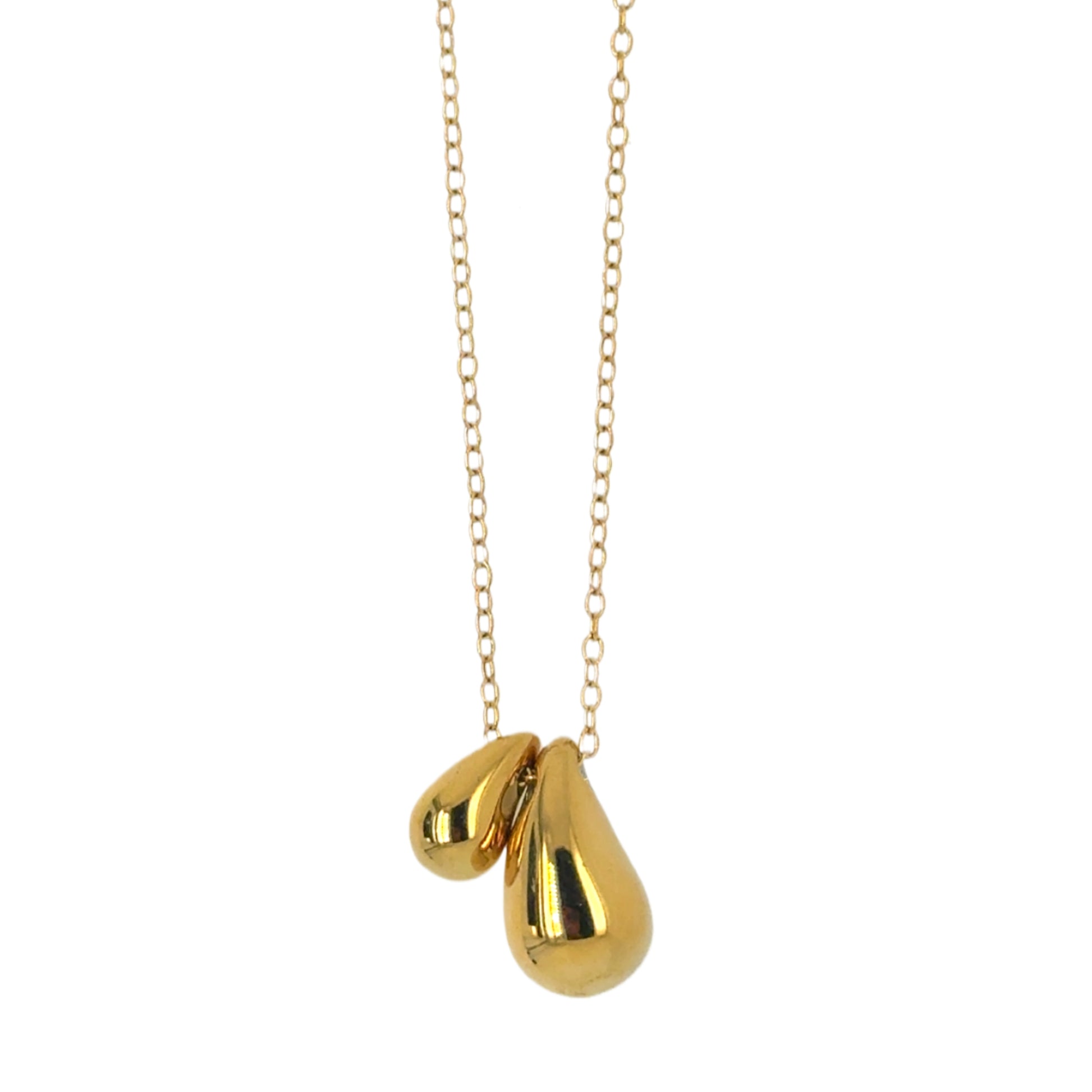Delicate gold chain necklace with 2 teardrop shaped rounded charms
