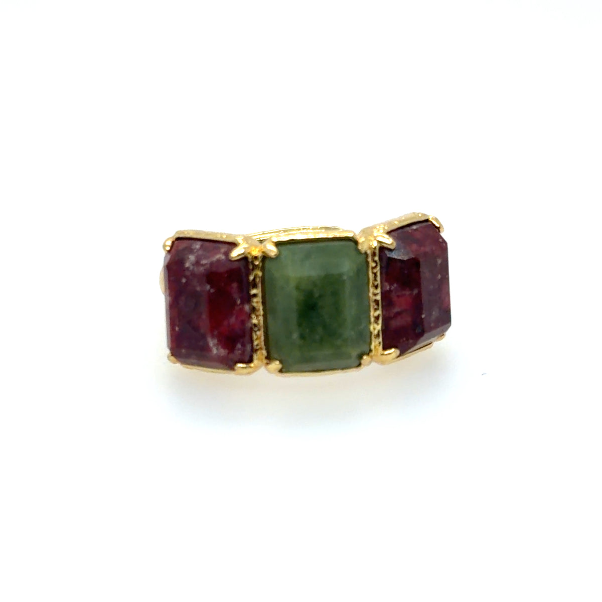 Fun chunky ring with green Zoisite and opaque Ruby rectangles