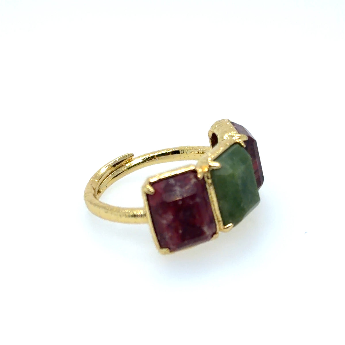 adjustable gemstone ring with ruby and zoisite stones