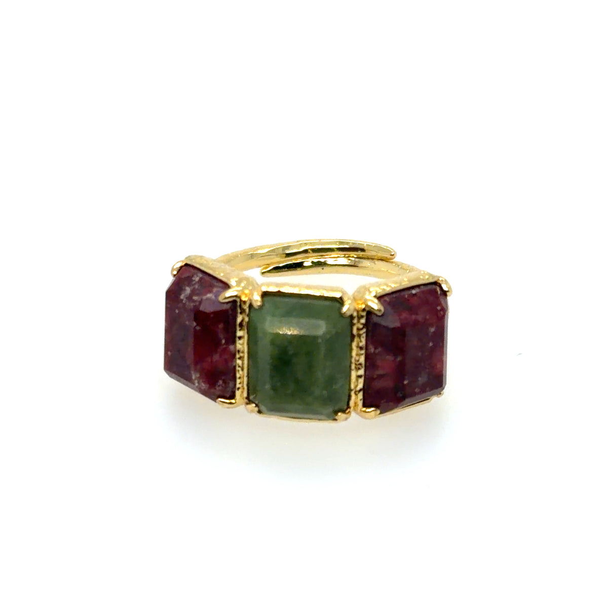 Gold with 1 opaque Ruby rectangle and 2 green zoisite rectangles on either side