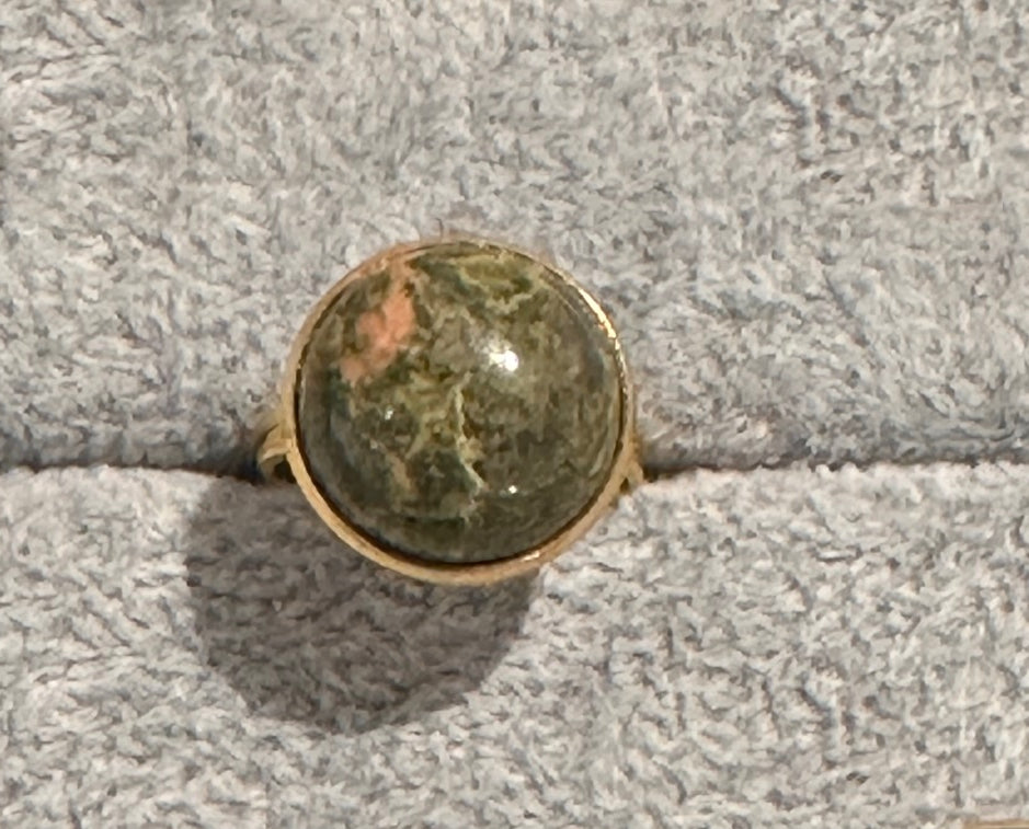 gold plated adjustable ring with unakite round gemstone