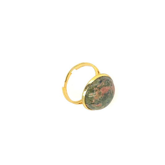 gold plated adjustable ring with unakite round gemstone