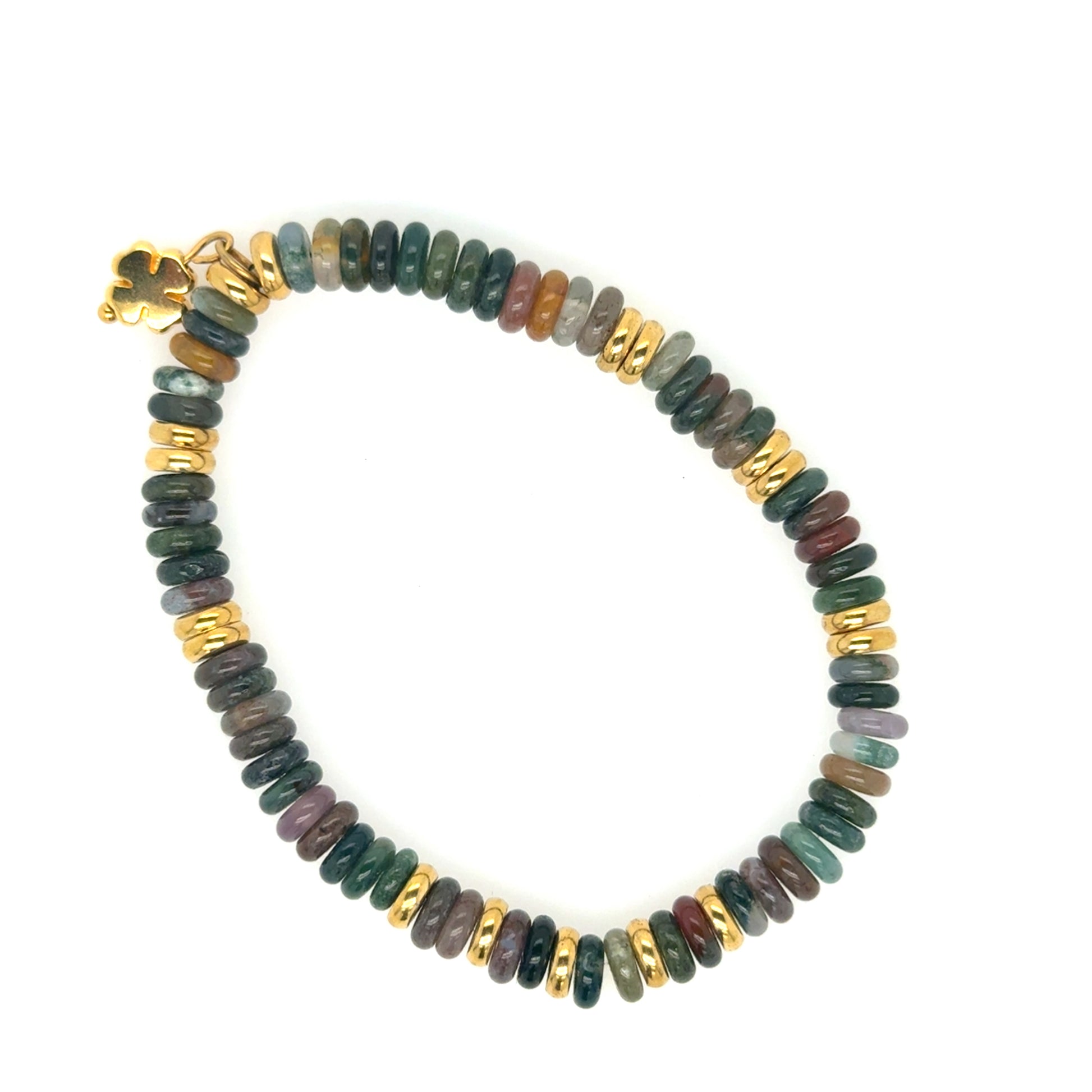 Lovely stretchy bracelet with Unakite green/gold rondelle flat/smooth beads and a small gold clover charm for good luck!