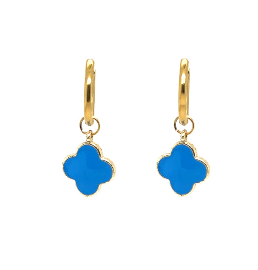 gold hoop earrings with enamel cornflower blue clover