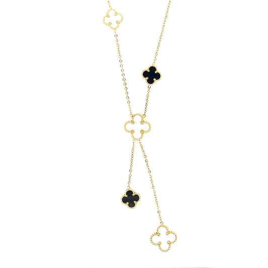 Lariat necklace with five small and medium sized reversible clover charms in black and white