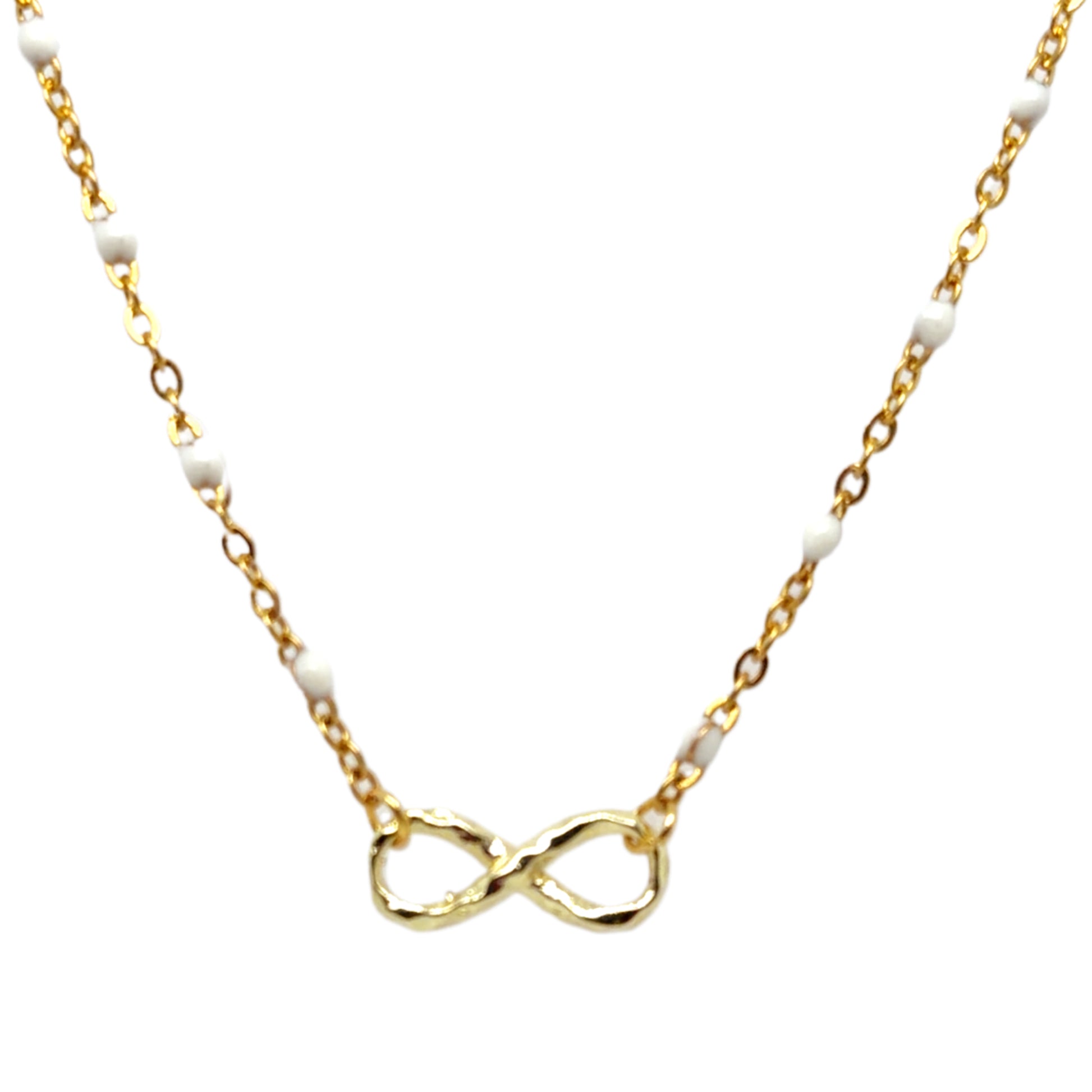 Gold rosary chain with white enamel and infinity charm in the middle.