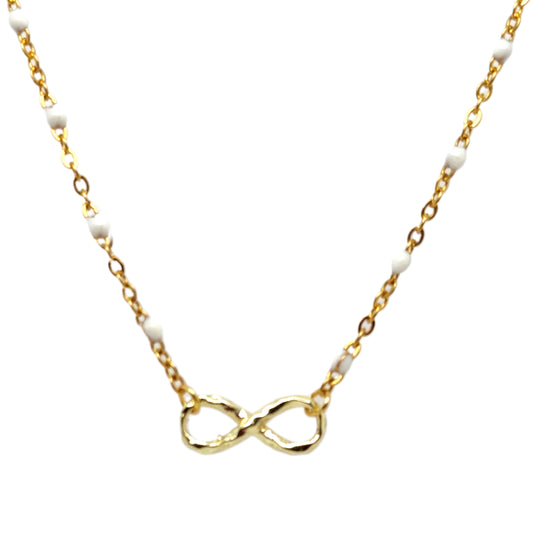 Gold rosary chain with white enamel and infinity charm in the middle.