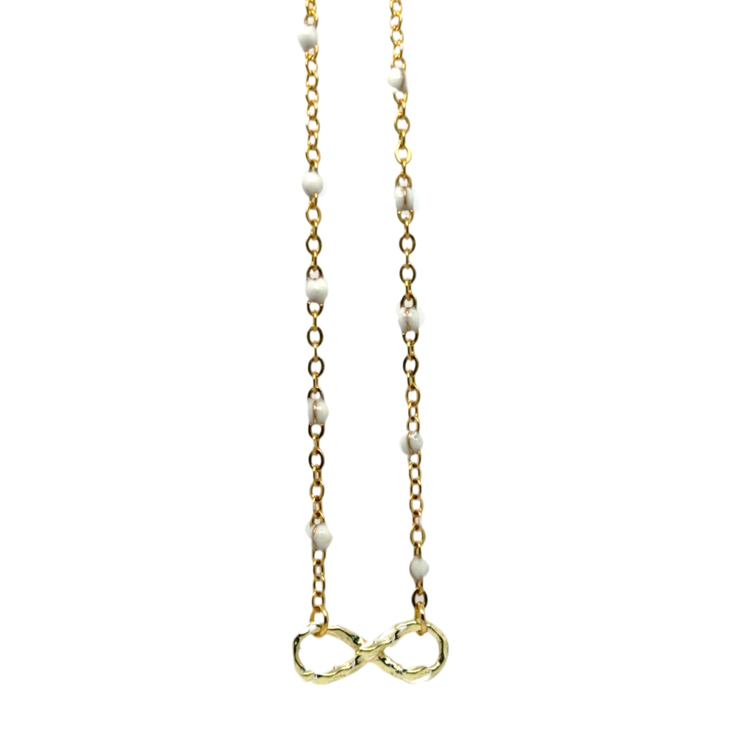 Gold necklace with white beads and an infinity symbol on a white background