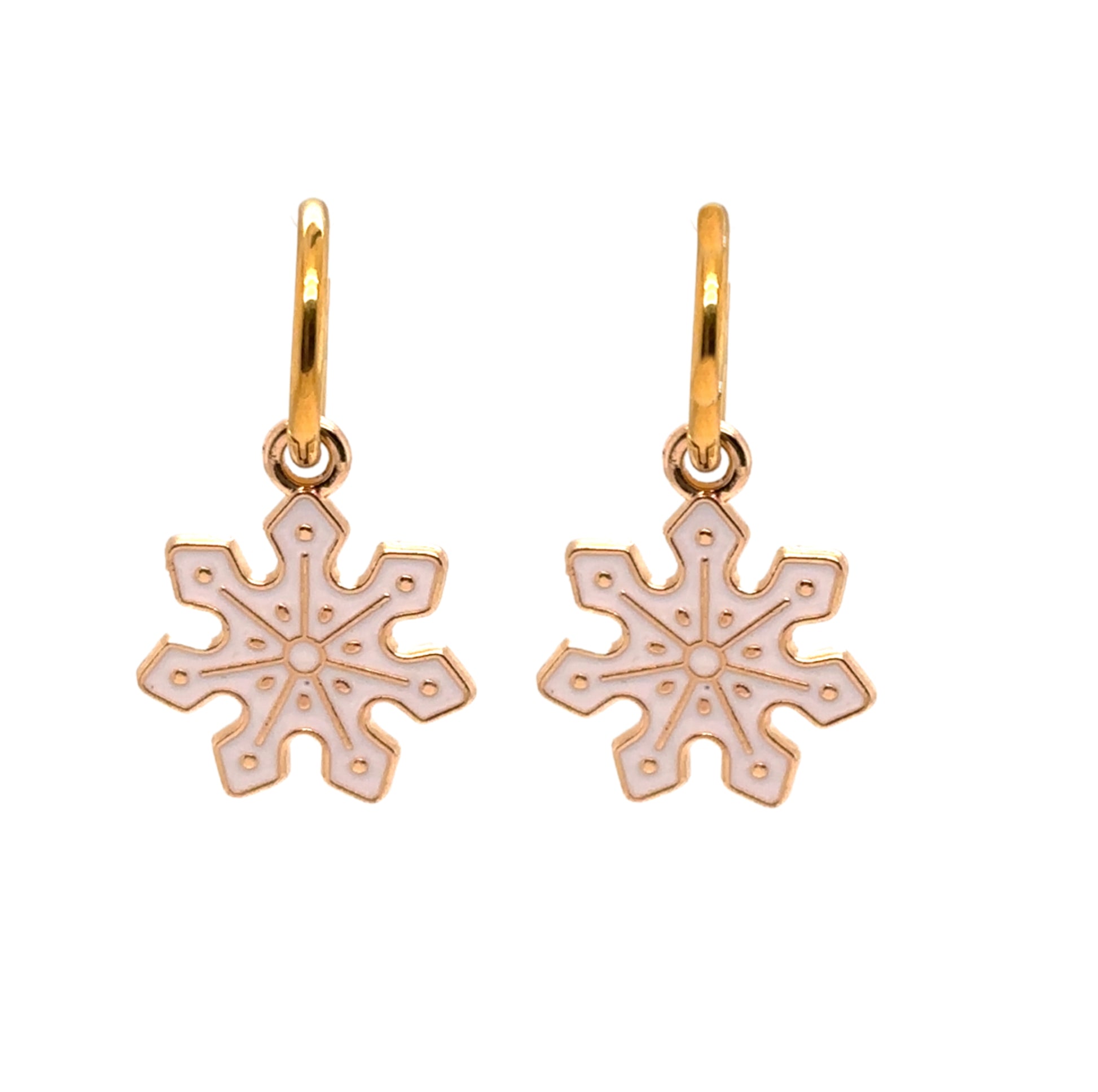 cate gold hoop earrings with white snowflake shaped charms