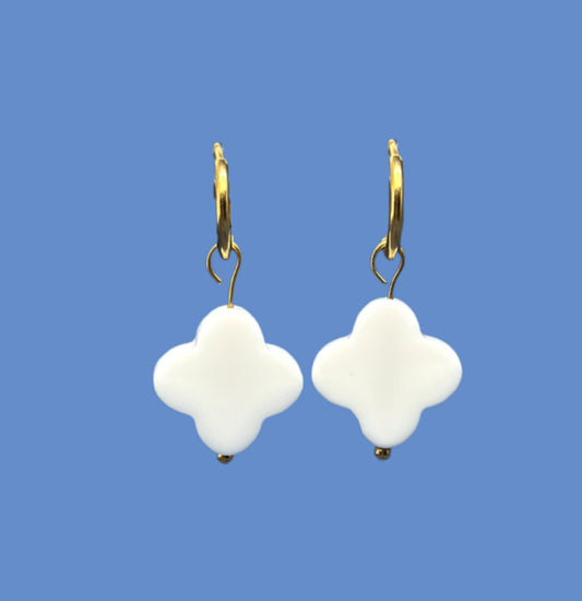 gold hoop earrings with clover shaped charms made of smooth semi-precious White Agate gemstones