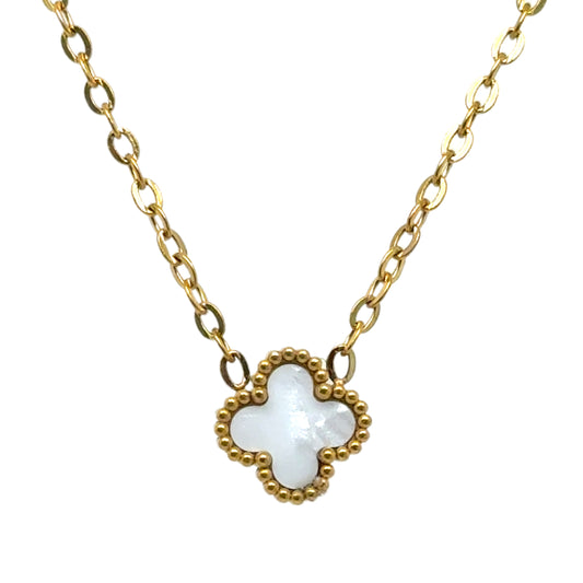 Delicate gold chain necklace with tiny 9mm white clover charm in the middle