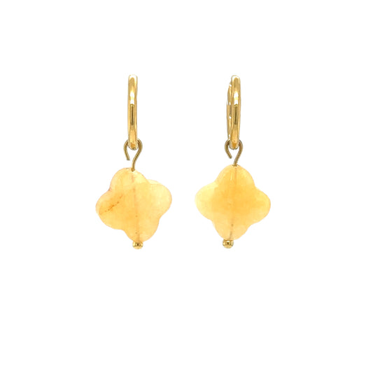 gold hoop earrings with clover-shaped charms made of faceted semi-precious Yellow Jade gemstone