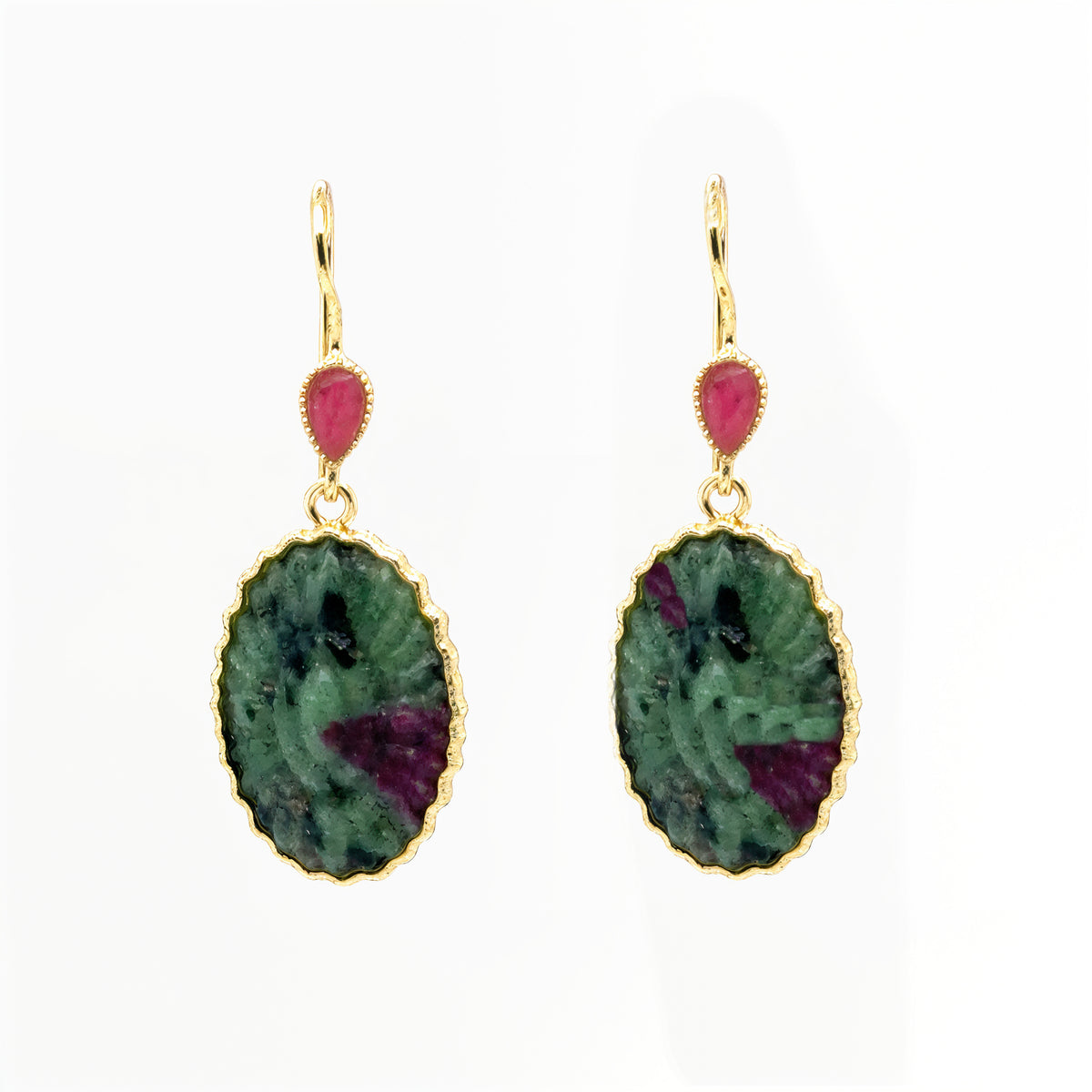 Gorgeous hook earrings with Pink Tourmaline teardrops and Ruby Zoisite oval stones.