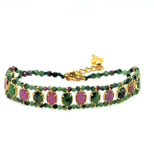 Gorgeous double stranded Zoisite gemstone bracelet lined with oval Zoisite and Pink Tourmaline stones