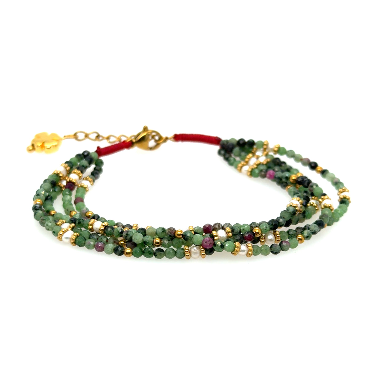 Lovely four stranded gemstone bracelet with red and green Zoisite beads and tiny frehswater pearls