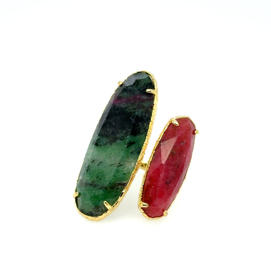 Gorgeous statement ring with green Zoisite and opaque Ruby ovals