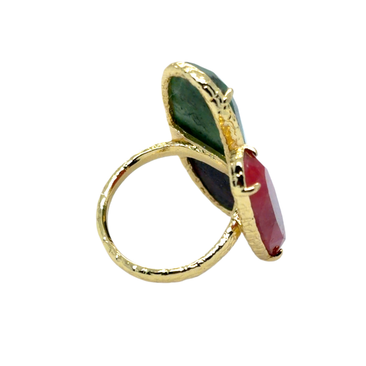 Gorgeous statement ring with green Zoisite and opaque Ruby ovals from the back