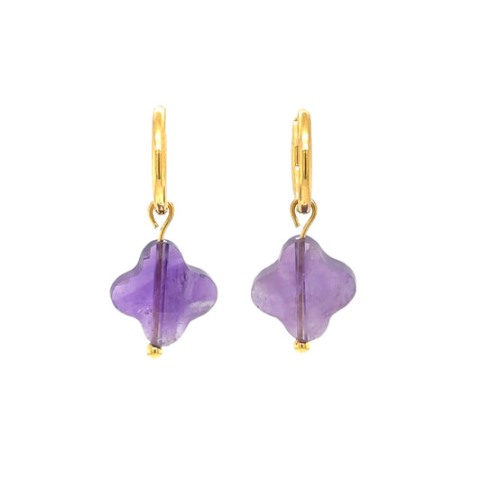 gold hoop earrings with amethyst clover charms