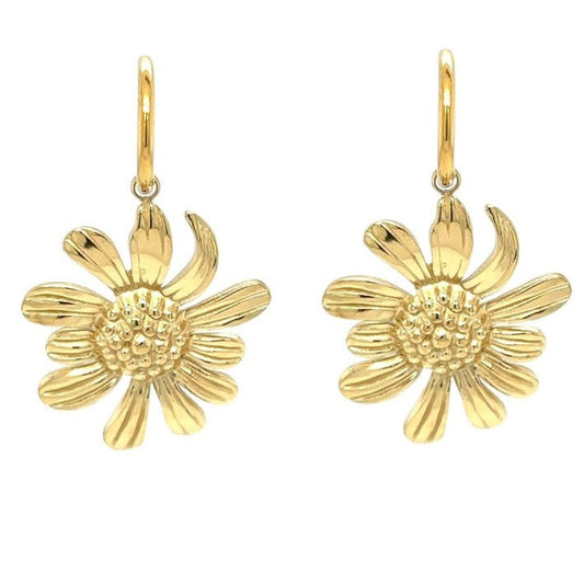 gold hoop earrings with big sunflower gold charm