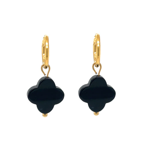 gold hoop earrings with black agate clover charms