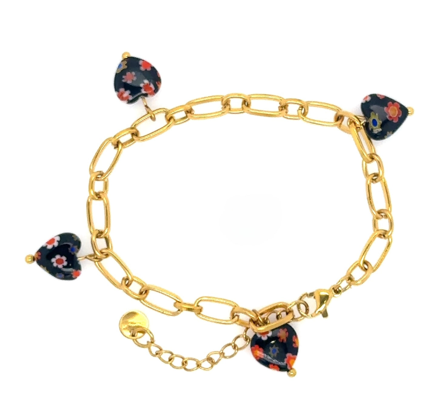 gold oval chain bracelet with black millefiori heart beads