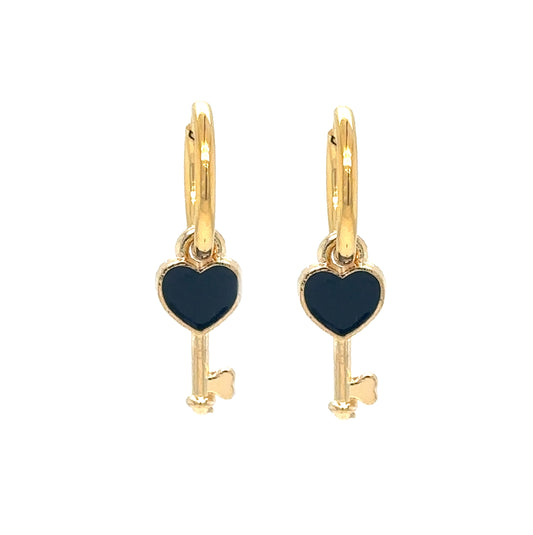 gold hoop earrings with black enamel and gold key charm