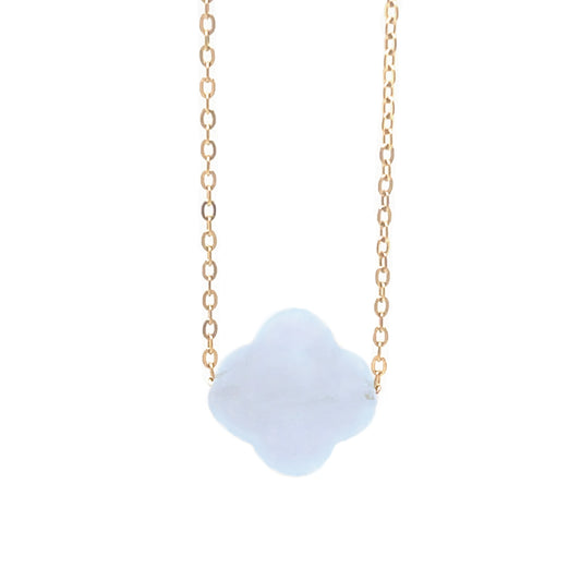 Delicate gold chain necklace with one clover glass faceted charm in Light Blue
