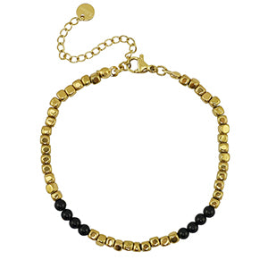 gold plated bracelet with black and gold beads all around