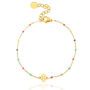 gold plated bracelet with rainbow coloured enamel beads around a central gold clover charm