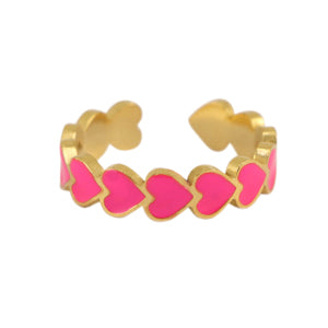 Gold adjustable ring with bright fuschia pink enamel small hearts all around