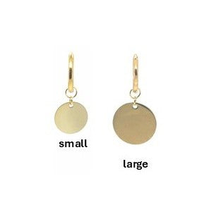 Delicate gold hoop earrings with shiny round disc gold charms in small and large