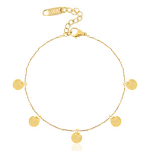 This adjustable bracelet has 5 small dangling gold coins
