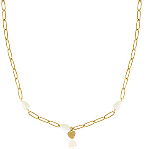 gold oval chain necklace with freshwater pearls and gold heart charm