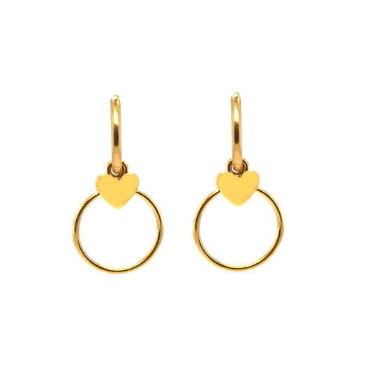 Delicate gold hoop earrings with circle and heart shaped charms