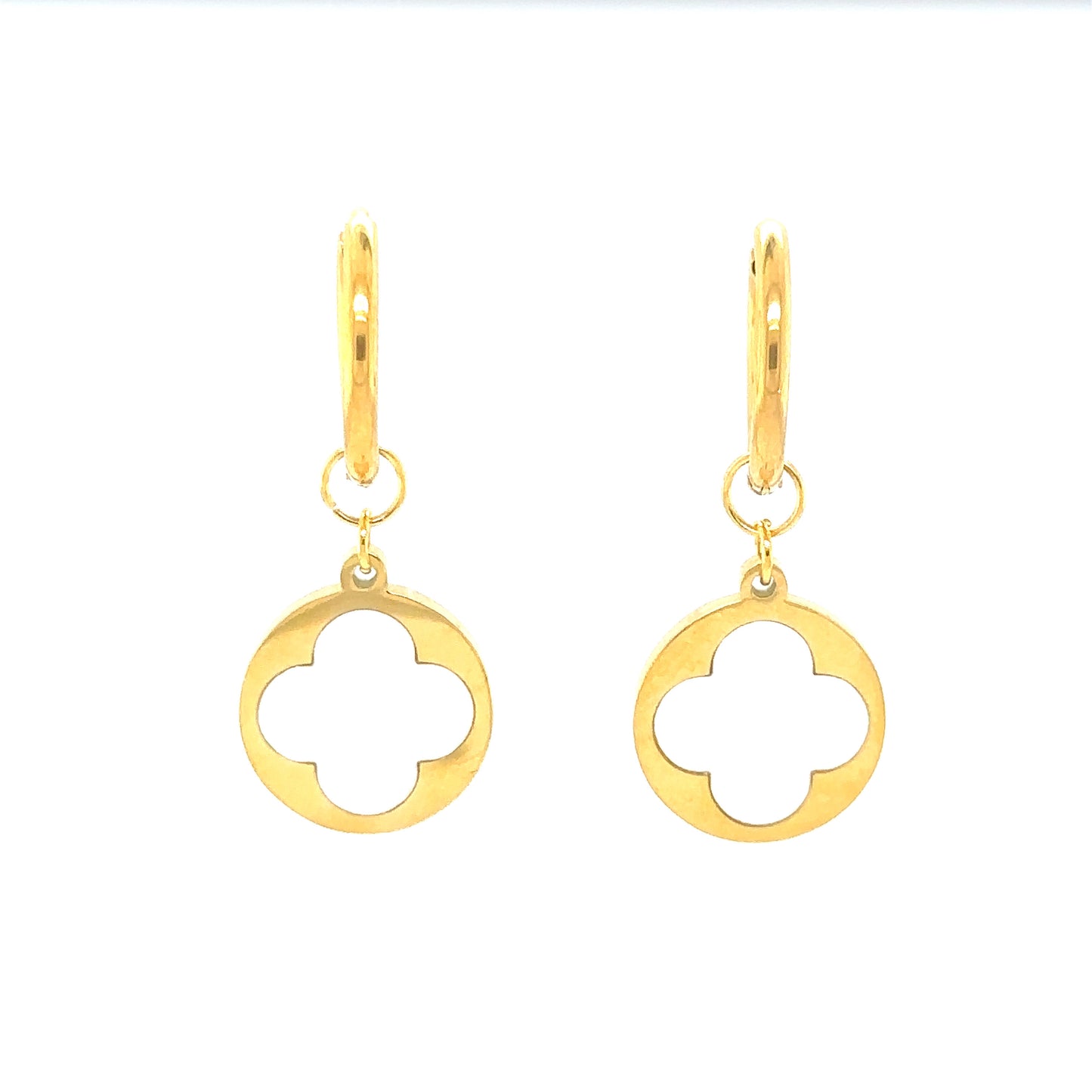 gold hoop earrings with mother of pearl clover and gold circle charms