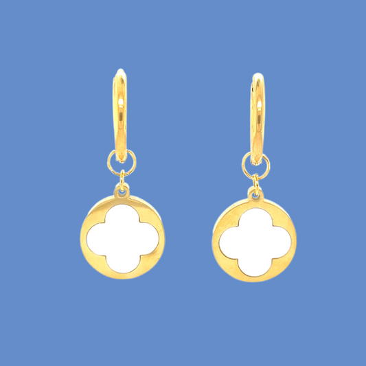 gold hoop earrings with mother of pearl clover and gold circle charms