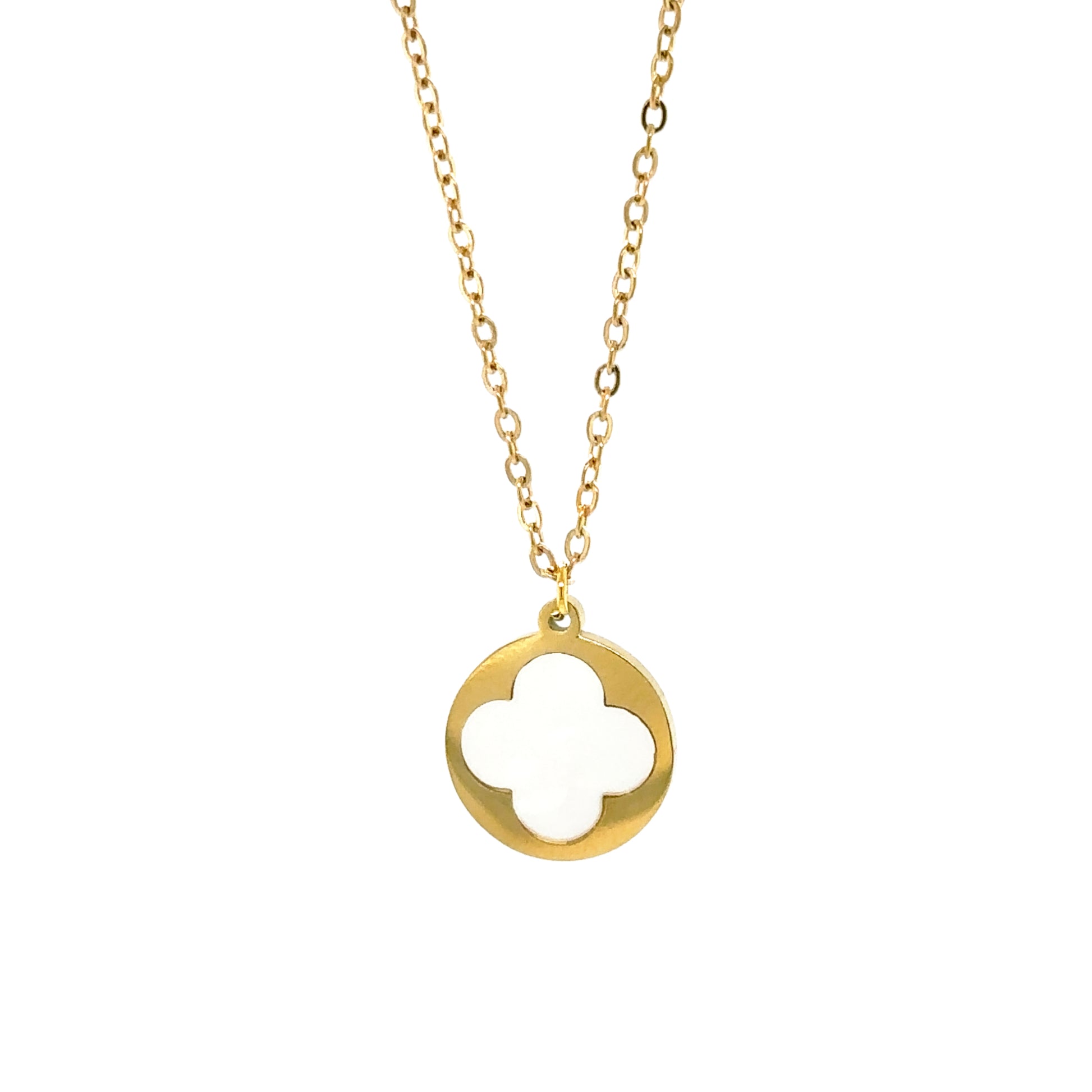 gold chain necklace with clover shell charm inside a gold circle