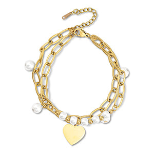 This adjustable bracelet has 2 strands of chain links with freshwater pearls and a gold heart shaped dangling charm