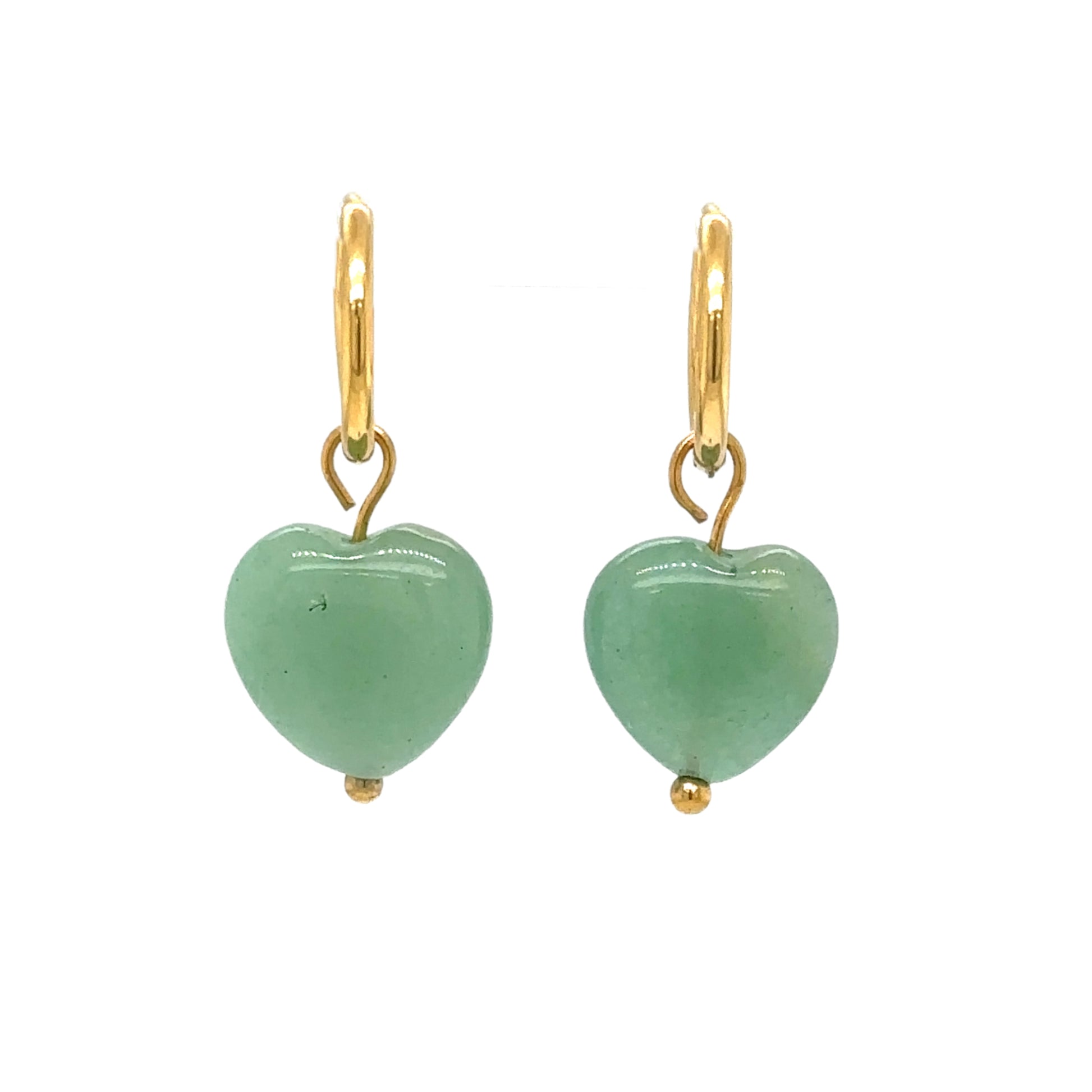 gold hoop earrings with aventurine gemstone heart charms